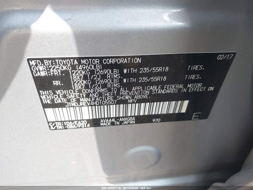 2017 Toyota Rav 4 VIN JTMDJREV4HD105507 IAAI salvage auction — FRONT END, Salvage (Ohio), sold $8,000 on 2026-07-14 (photo 9)