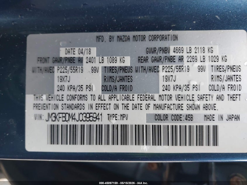 2018 Mazda Cx-5 VIN JM3KFBDM4J0395941 IAAI salvage auction — FRONT & REAR, Salvage (Massachusetts), sold $2,850 on 2026-07-24 (photo 9)