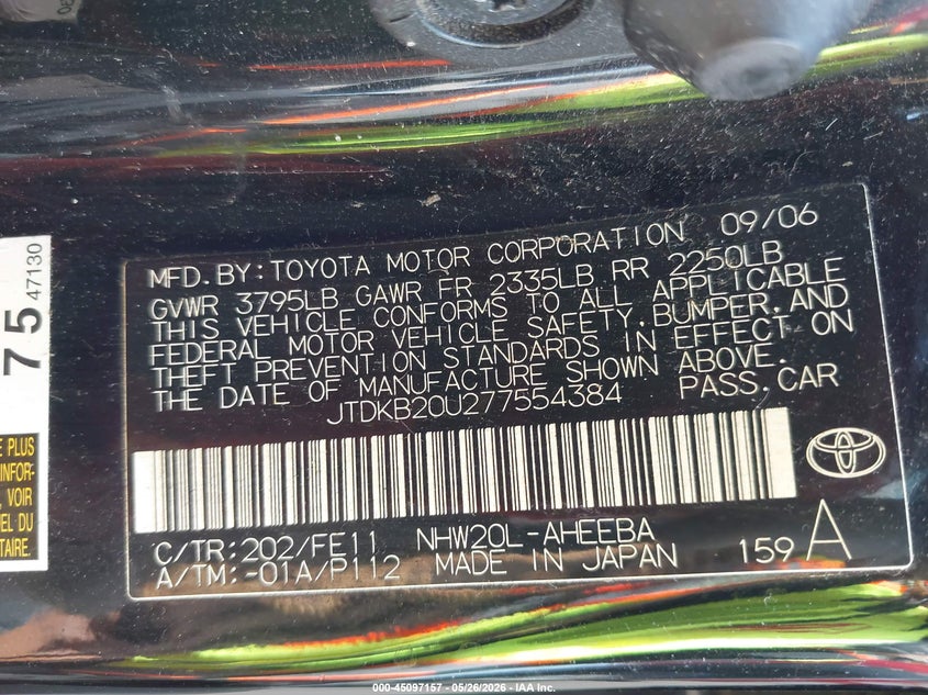2007 Toyota Prius VIN JTDKB20U277554384 IAAI salvage auction — HAIL, Salvage (Iowa), sold $400 on 2026-07-20 (photo 9)