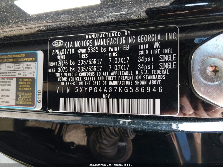 2019 Kia Sorento VIN 5XYPG4A37KG586946 IAAI salvage auction — LEFT FRONT, Original (Texas), sold $2,150 on 2026-07-09 (photo 9)