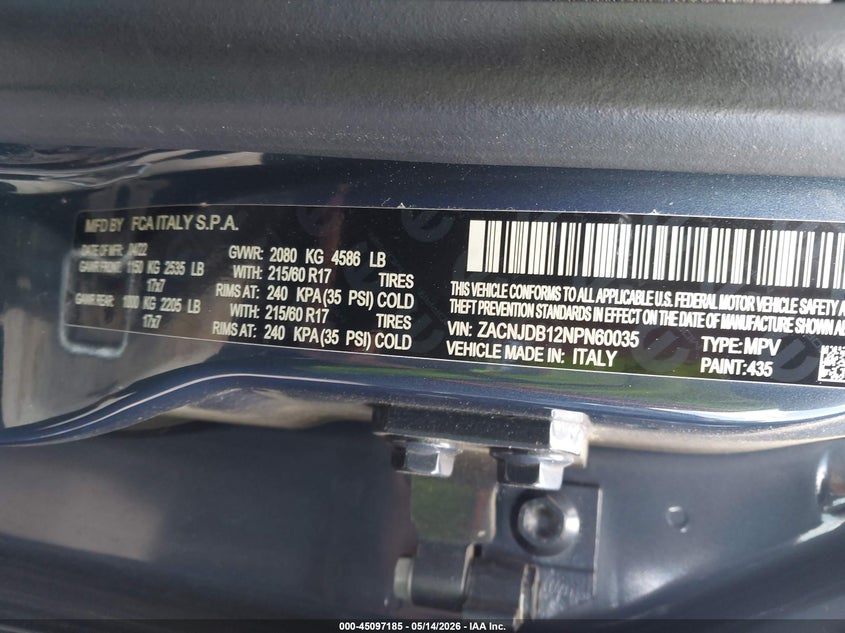 2022 Jeep Renegade VIN ZACNJDB12NPN60035 IAAI salvage auction — FRONT END, Salvage (North Carolina), sold $1,800 on 2026-07-23 (photo 9)