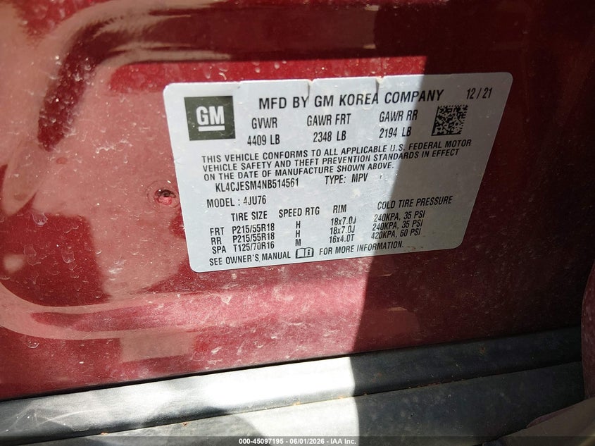 2022 Buick Encore VIN KL4CJESM4NB514561 IAAI salvage auction — HAIL, Salvage Title, sold $7,050 on 2026-08-18 (photo 9)