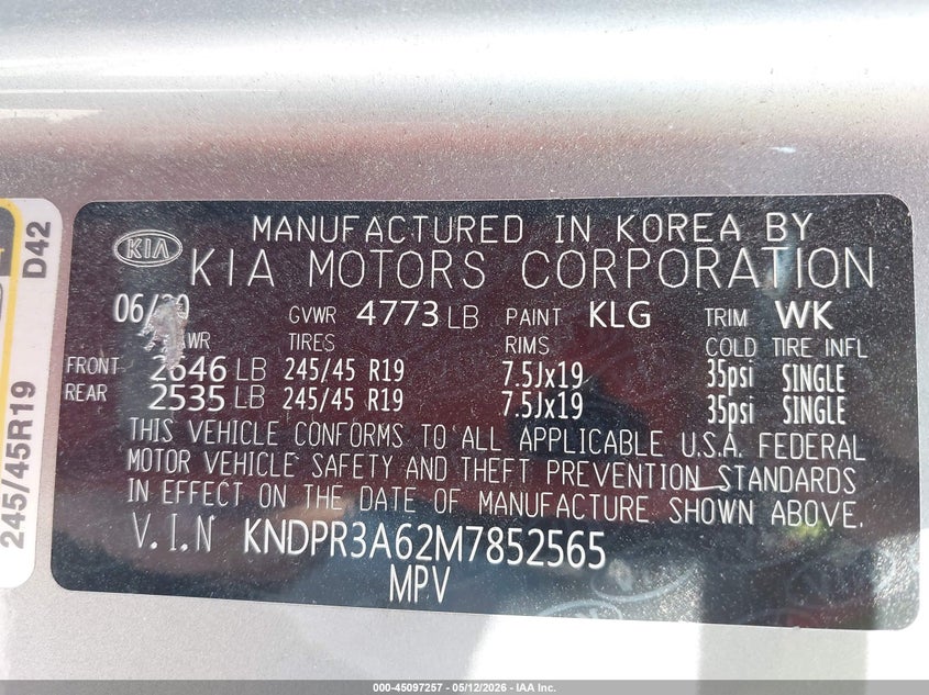2021 Kia Sportage VIN KNDPR3A62M7852565 IAAI salvage auction — LEFT SIDE, Salvage (Alabama), sold $2,700 on 2026-07-15 (photo 9)