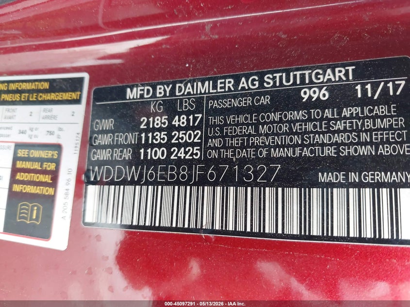 2018 Mercedes-benz C class VIN WDDWJ6EB8JF671327 IAAI salvage auction — LEFT SIDE, Salvage (California), sold $7,600 on 2026-07-15 (photo 9)