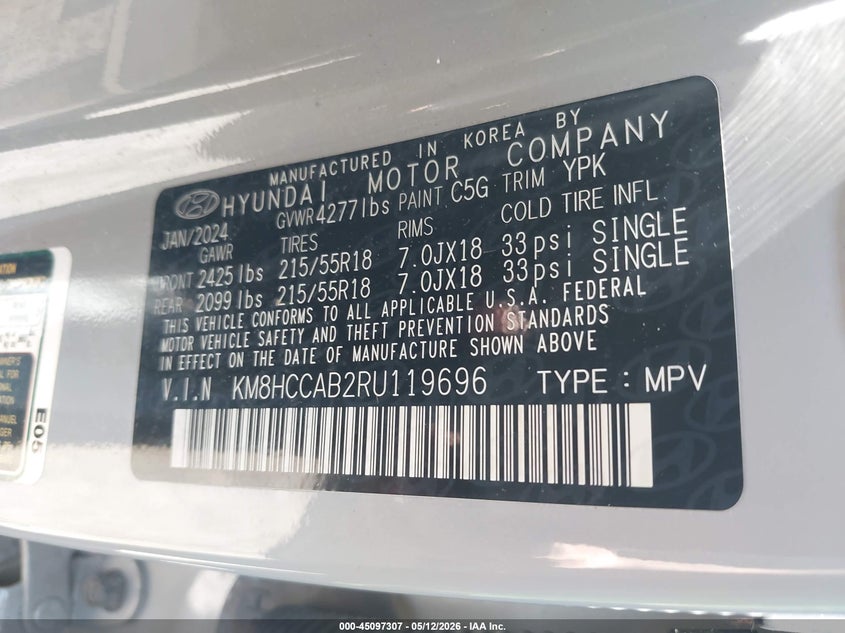2024 Hyundai Kona VIN KM8HCCAB2RU119696 IAAI salvage auction — FRONT END, Mv-907A (New York), sold $3,550 on 2026-07-28 (photo 9)