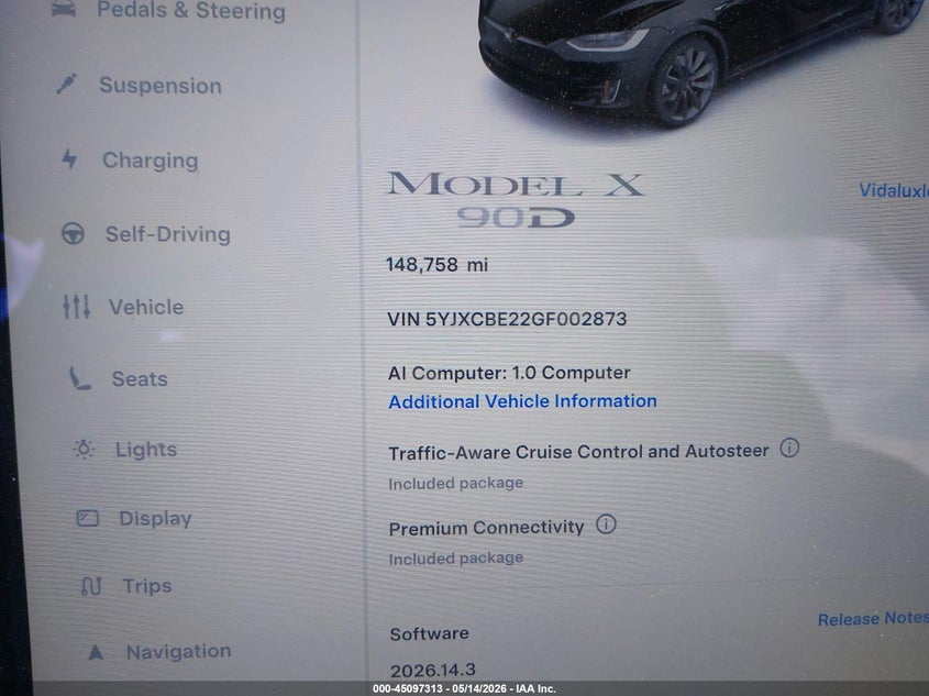 2016 Tesla Model x VIN 5YJXCBE22GF002873 IAAI salvage auction — FRONT END, Salvage Title, sold $4,250 on 2026-08-02 (photo 9)