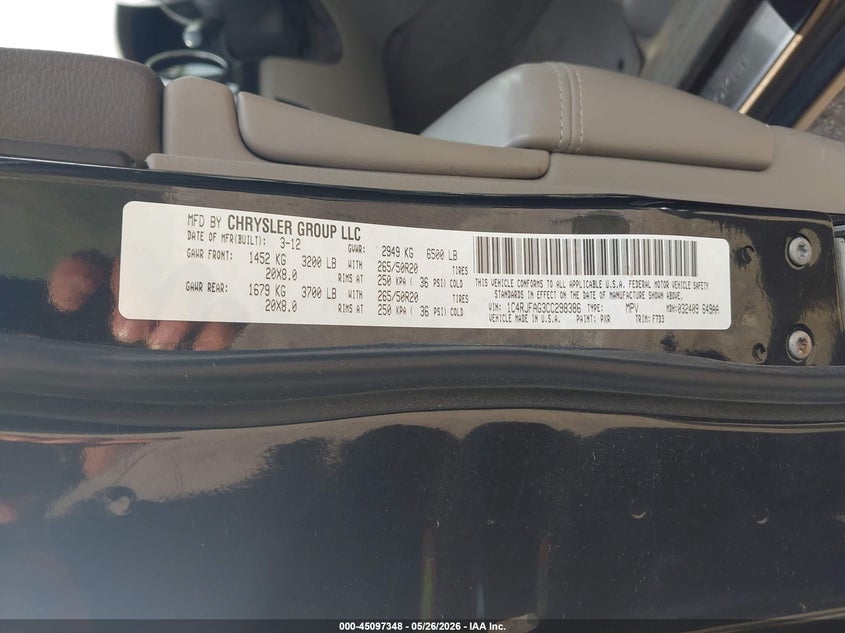 2012 Jeep Grand cherokee VIN 1C4RJFAG3CC298386 IAAI salvage auction — HAIL, Salvage Title, sold $750 on 2026-07-29 (photo 9)