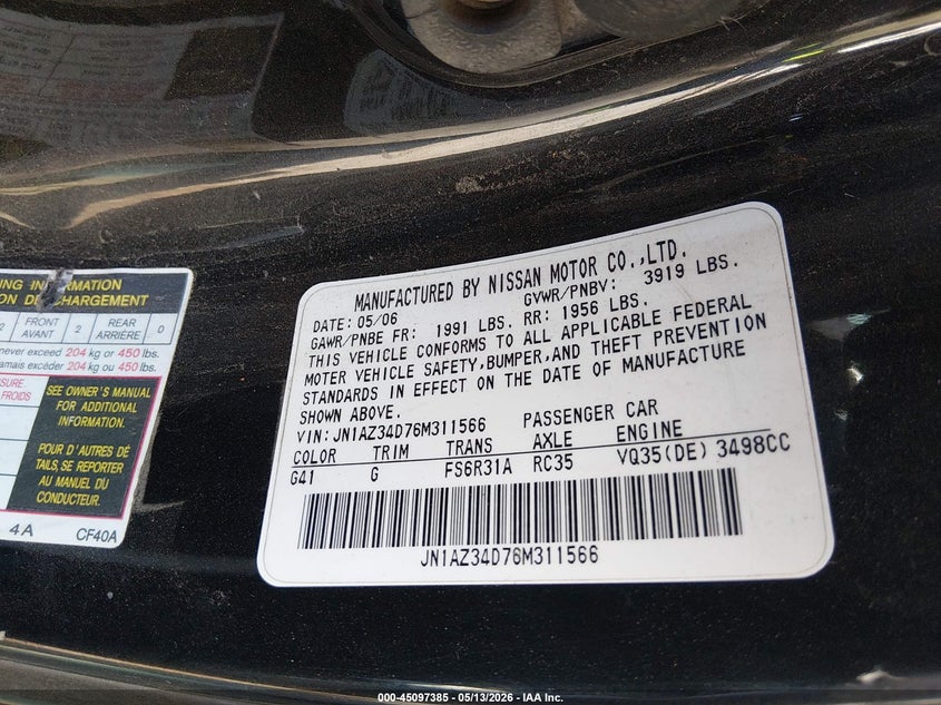 2006 Nissan 350z VIN JN1AZ34D76M311566 IAAI salvage auction — LEFT FRONT, Clear (Montana), sold $2,050 on 2026-07-15 (photo 9)