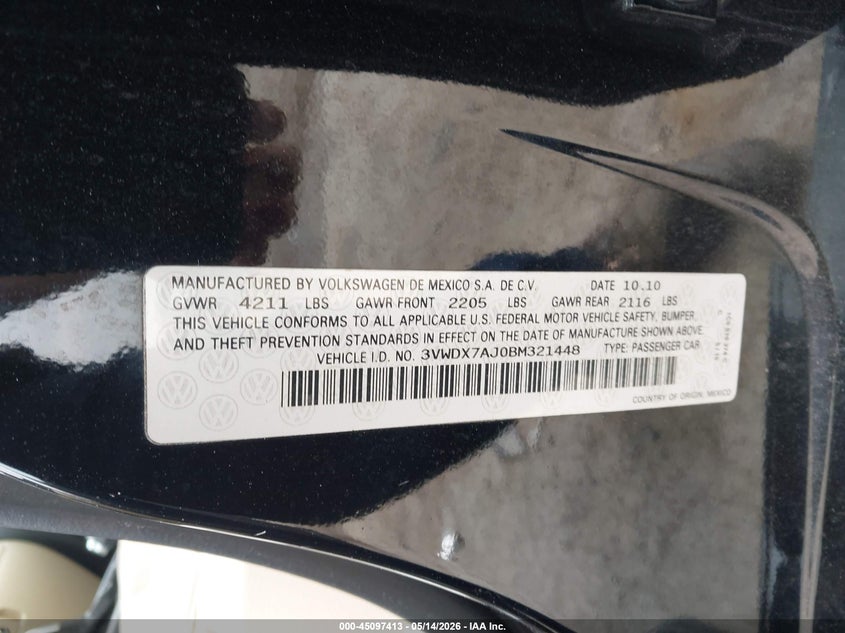 2011 Volkswagen Jetta VIN 3VWDX7AJ0BM321448 IAAI salvage auction — FRONT END, Salvage (New Hampshire), sold $375 on 2026-07-22 (photo 9)
