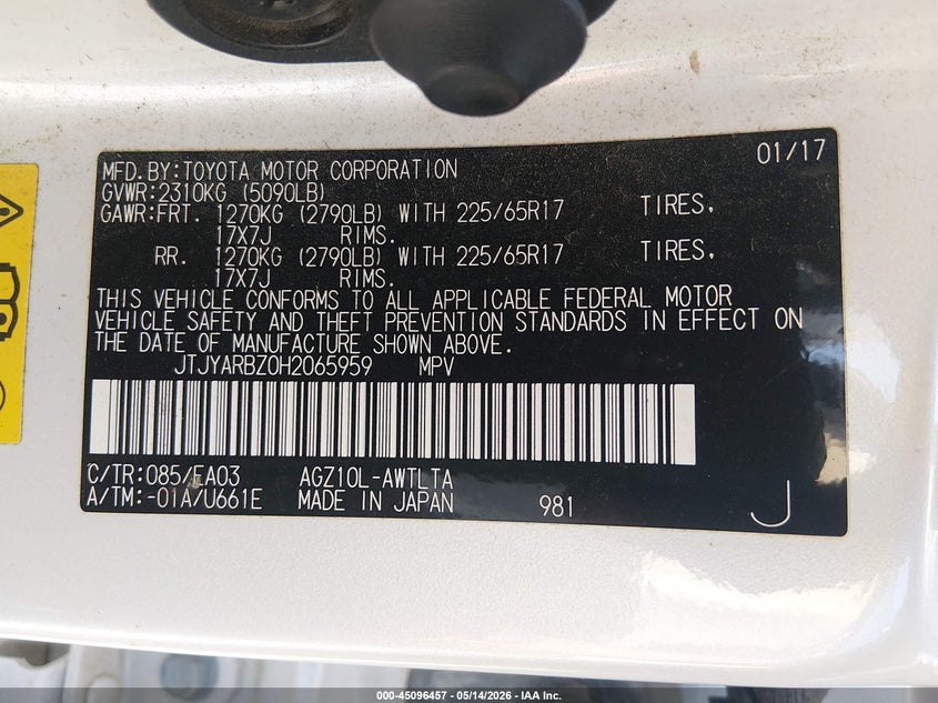 2017 Lexus Nx VIN JTJYARBZ0H2065959 IAAI salvage auction — STORM DAMAGE, Salvage (Arkansas), sold $9,050 on 2026-07-08 (photo 9)