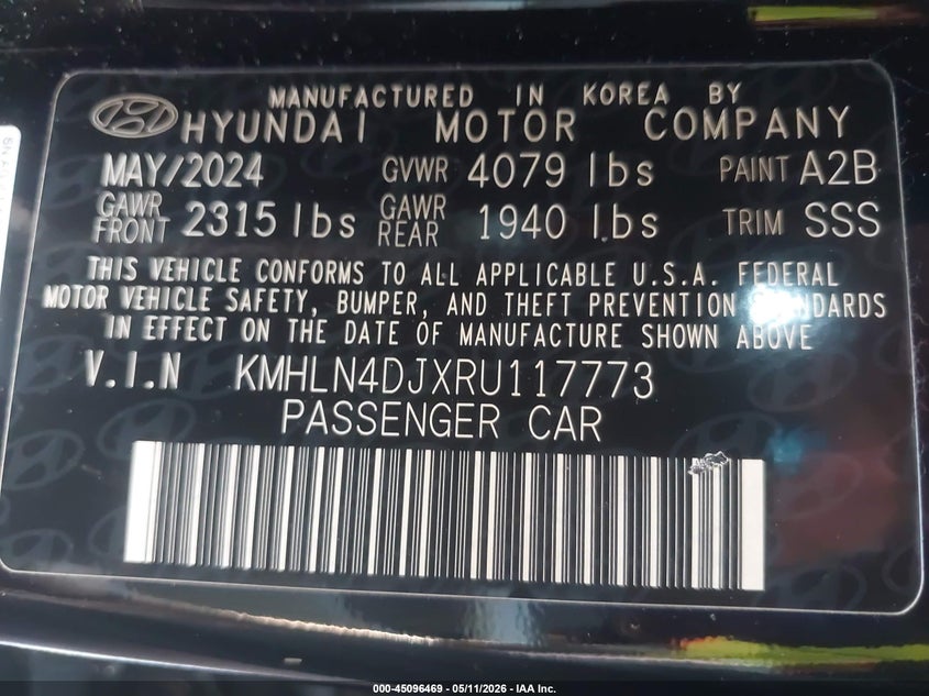 2024 Hyundai VIN KMHLN4DJXRU117773 IAAI salvage auction — LEFT FRONT, Salvage (California), sold $5,075 on 2026-07-06 (photo 9)