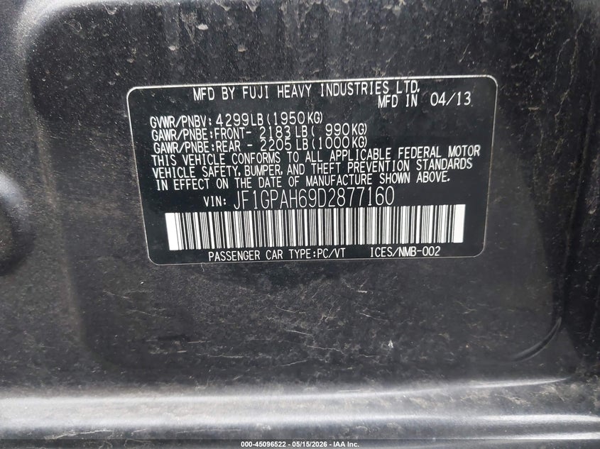 2013 Subaru Impreza VIN JF1GPAH69D2877160 IAAI salvage auction — NORMAL WEAR, Clear (Pennsylvania), sold $575 on 2026-07-21 (photo 9)