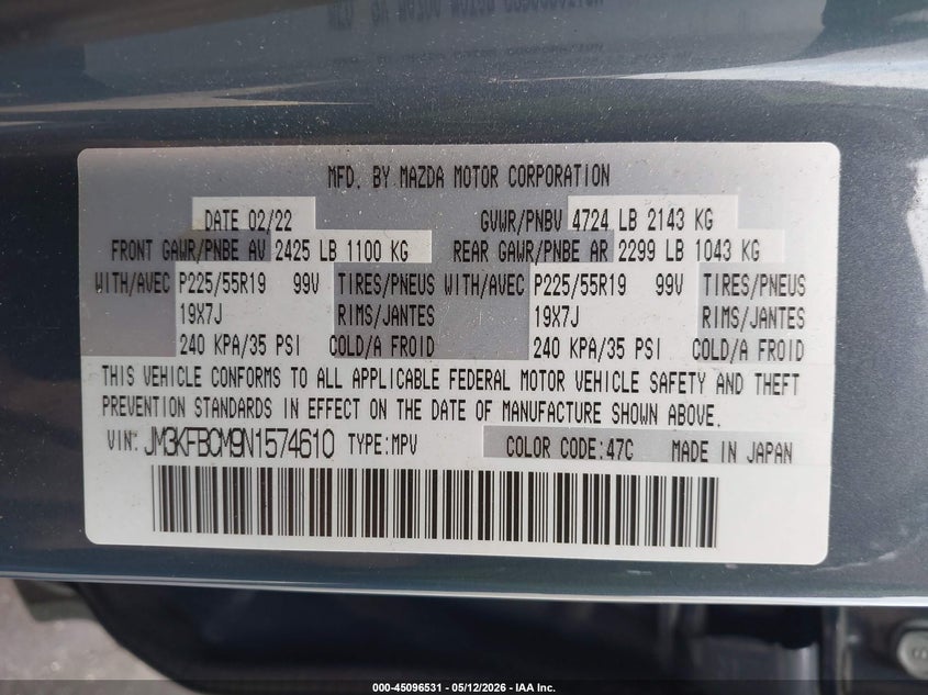2022 Mazda Cx-5 VIN JM3KFBCM9N1574610 IAAI salvage auction — BIOHAZARD/CHEMICAL, Certificate Of Destruction (Florida), sold $3,150 on 2026-07-29 (photo 9)