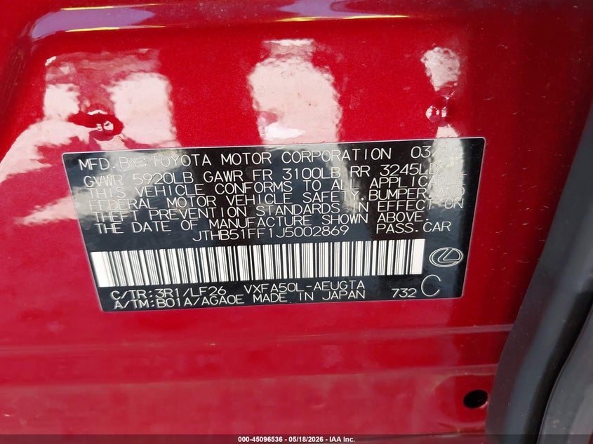 2018 Lexus Ls VIN JTHB51FF1J5002869 IAAI salvage auction — REAR END, Salvage (Alabama), sold $14,100 on 2026-07-29 (photo 9)