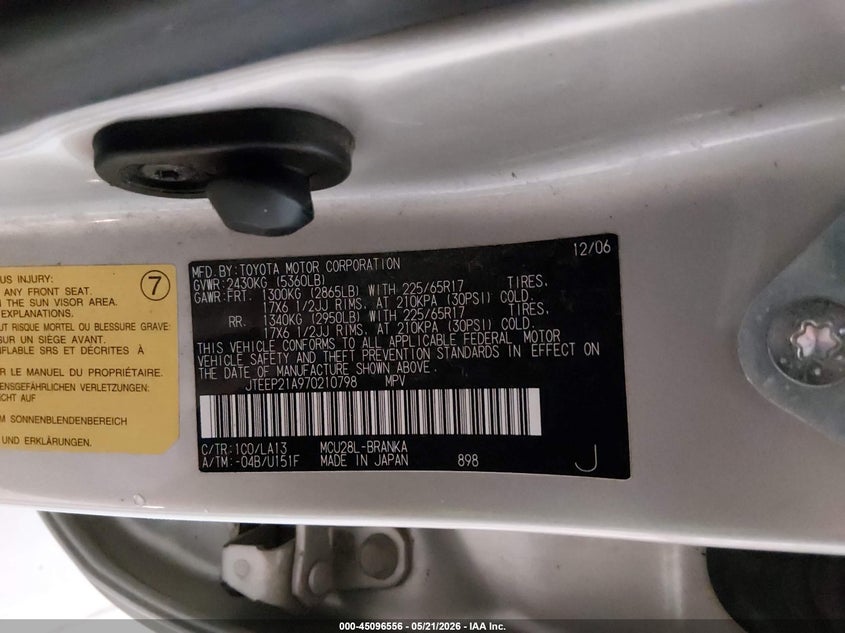 2007 Toyota Highlander VIN JTEEP21A970210798 IAAI salvage auction — HAIL, Salvage (Missouri), sold $1,250 on 2026-08-02 (photo 9)