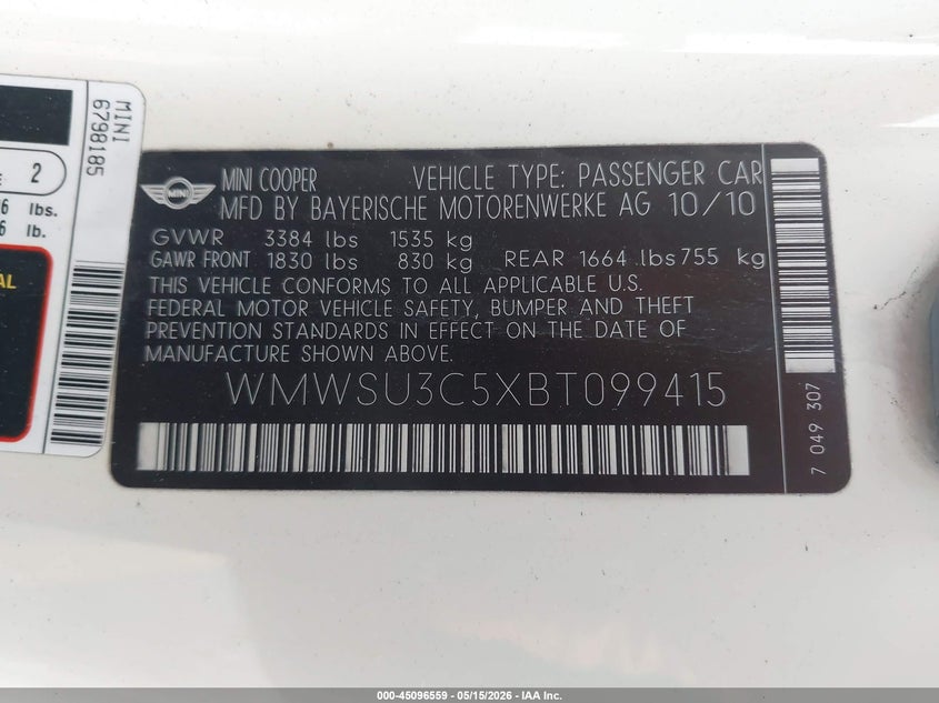 2011 Mini Cooper VIN WMWSU3C5XBT099415 IAAI salvage auction — LEFT FRONT, Salvage (California), sold $350 on 2026-07-07 (photo 9)