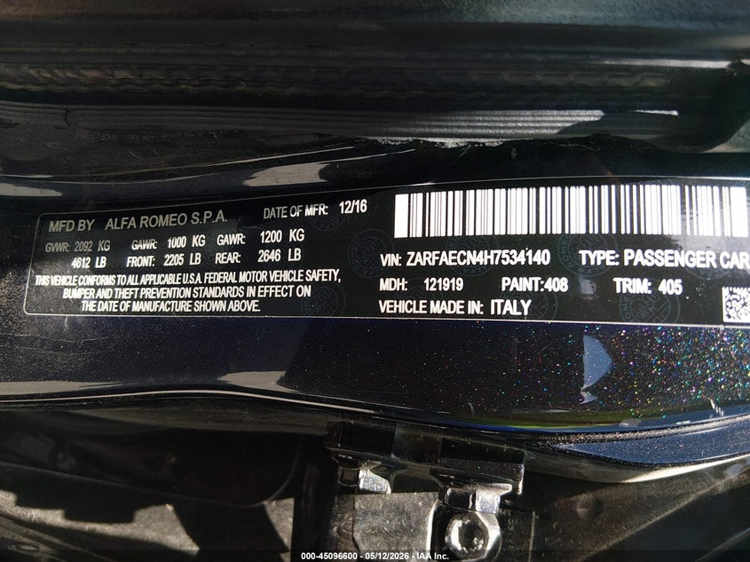 2017 Alfa romeo Giulia VIN ZARFAECN4H7534140 IAAI salvage auction — REAR END, Original (Texas), sold $4,775 on 2026-07-30 (photo 9)