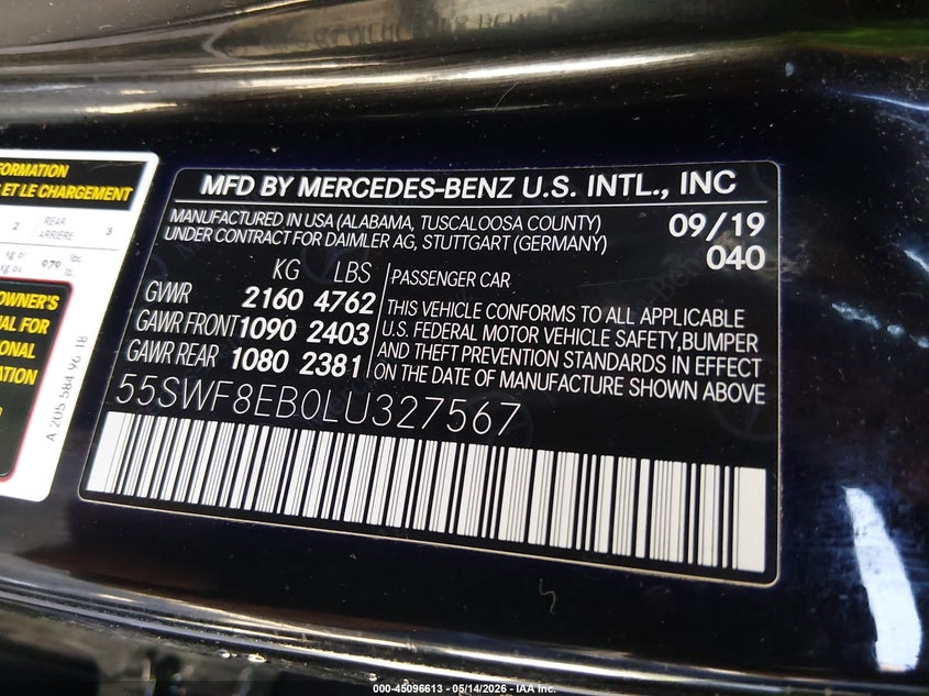 2020 Mercedes-benz C-klasse VIN 55SWF8EB0LU327567 IAAI salvage auction — RIGHT FRONT, Salvage Title, sold $8,250 on 2026-08-19 (photo 9)