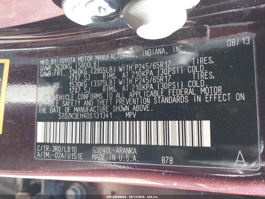 2013 Toyota Highlander VIN 5TDZK3EH4DS131341 IAAI salvage auction — LEFT & RIGHT, Salvage - Greater Than 75% (Maryland), sold $4,200 on 2026-07-08 (photo 9)