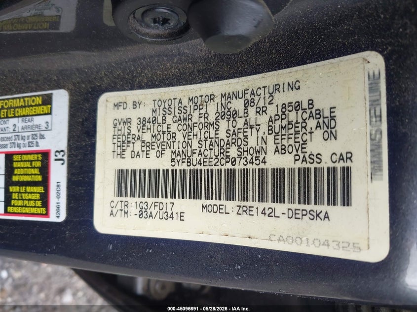 2012 Toyota Corolla VIN 5YFBU4EE2CP073454 IAAI salvage auction — REAR END, Salvage Title, sold $1,300 on 2026-07-30 (photo 9)