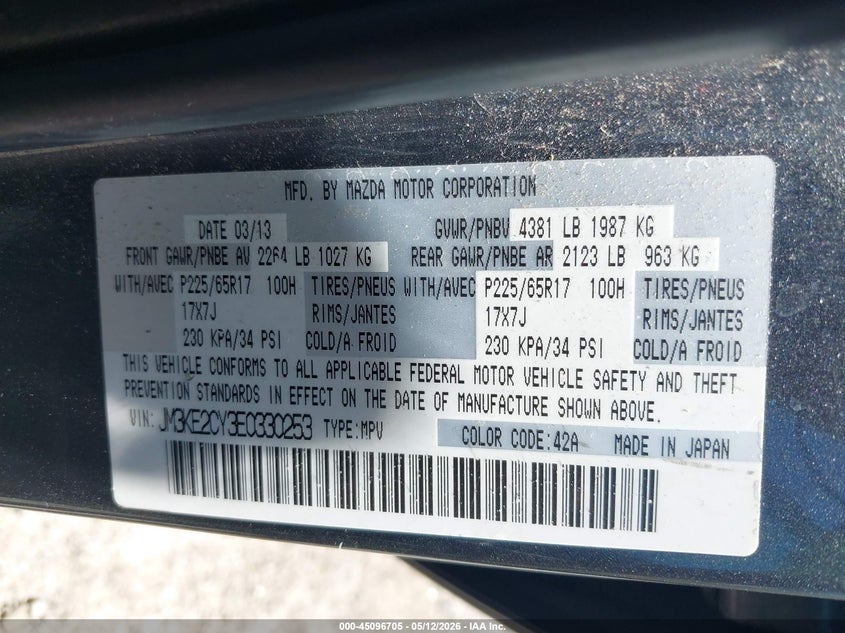 2014 Mazda Cx-5 VIN JM3KE2CY3E0330253 IAAI salvage auction — LEFT FRONT, Clear (Oklahoma), sold $2,000 on 2026-07-14 (photo 9)