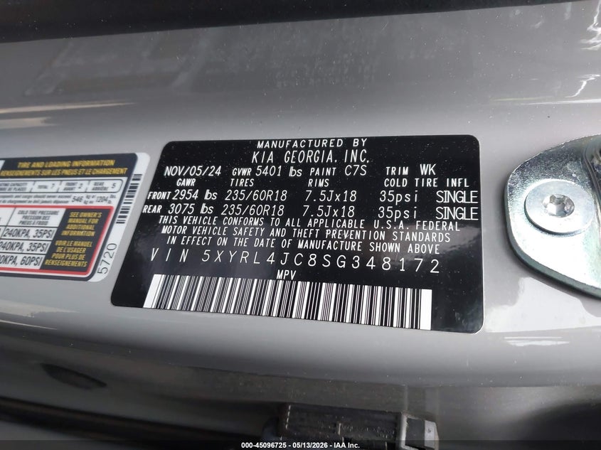 2025 Kia Sorento VIN 5XYRL4JC8SG348172 IAAI salvage auction — FRONT END, Clear (Michigan), sold $8,700 on 2026-07-27 (photo 9)