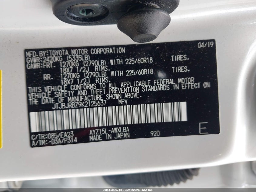 2019 Lexus Nx VIN JTJBJRBZ9K2125637 IAAI salvage auction — LEFT SIDE, Salvage (Georgia), sold $13,100 on 2026-07-31 (photo 9)