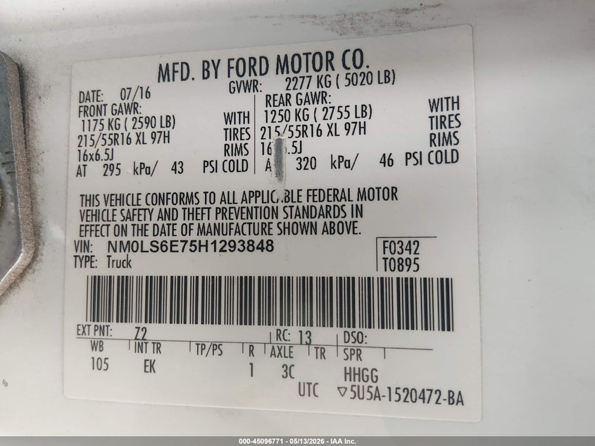 2017 Ford Transit VIN NM0LS6E75H1293848 IAAI salvage auction — NORMAL WEAR, Salvage (Texas), sold $825 on 2026-07-30 (photo 9)