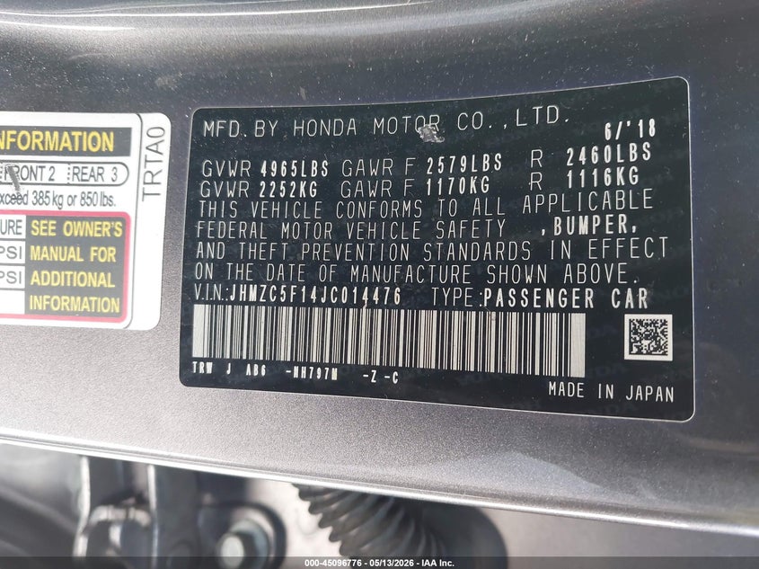 2018 Honda Clarity VIN JHMZC5F14JC014476 IAAI salvage auction — REAR END, Salvage (California), sold $1,525 on 2026-07-27 (photo 9)