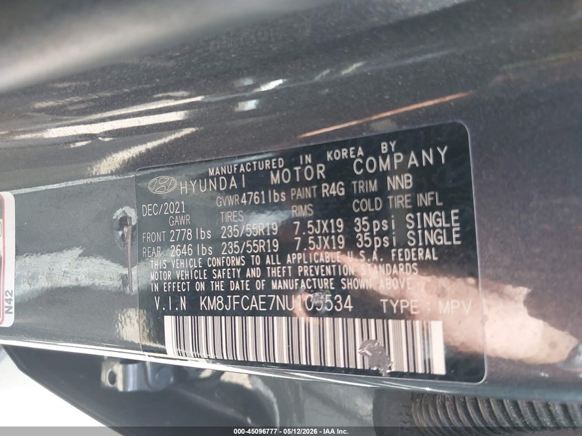 2022 Hyundai Tucson VIN KM8JFCAE7NU109534 IAAI salvage auction — SIDE, Salvage (North Carolina), sold $7,350 on 2026-07-20 (photo 9)