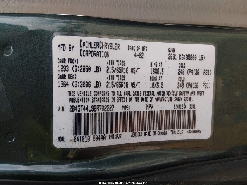 2002 Dodge Grand caravan VIN 2B4GT44L92R702227 IAAI salvage auction — NORMAL WEAR, Clear (Washington), sold $200 on 2026-07-08 (photo 9)