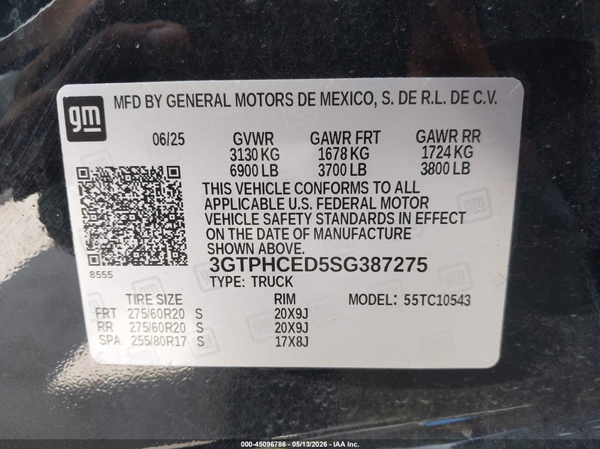 2025 Gmc SIERRA VIN 3GTPHCED5SG387275 IAAI salvage auction — FRONT END, Original (Texas), sold $21,900 on 2026-07-21 (photo 9)