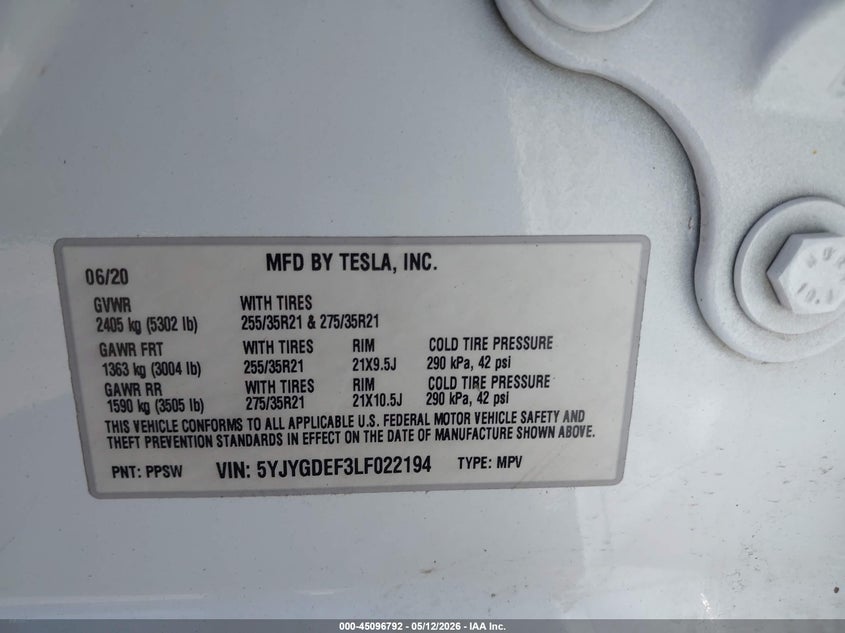 2020 Tesla Model y VIN 5YJYGDEF3LF022194 IAAI salvage auction — FRONT END, Salvage (Utah), sold $9,600 on 2026-07-09 (photo 9)