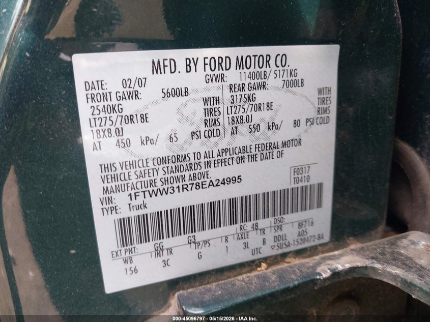 2008 Ford F350 VIN 1FTWW31R78EA24995 IAAI salvage auction — FRONT END, Clear (Michigan), sold $2,300 on 2026-07-09 (photo 8)