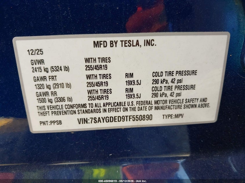 2026 Tesla Model y VIN 7SAYGDED9TF550890 IAAI salvage auction — FRONT & REAR, Salvage (California), sold $13,350 on 2026-07-07 (photo 9)