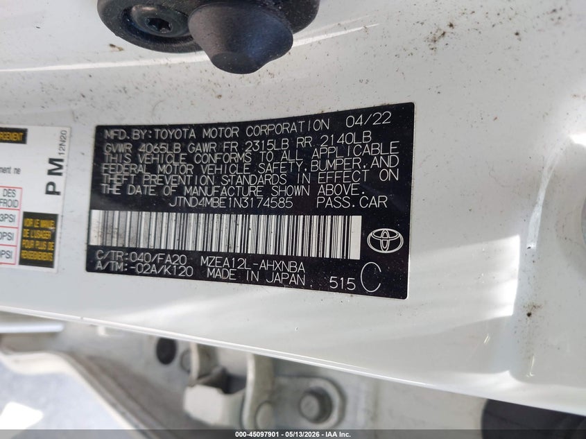 2022 Toyota Corolla VIN JTND4MBE1N3174585 IAAI salvage auction — FRONT END, Mv-907A (New York), sold $3,725 on 2026-07-07 (photo 9)