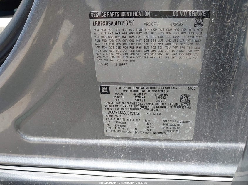 2020 Buick Envision VIN LRBFXBSA3LD193750 IAAI salvage auction — RIGHT SIDE, Original (Texas), sold $4,000 on 2026-07-21 (photo 9)