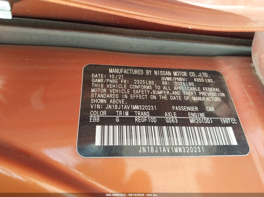 2021 Nissan Rogue VIN JN1BJ1AV1MW320231 IAAI salvage auction — SIDE, Clear (Oklahoma), sold $4,050 on 2026-07-09 (photo 9)