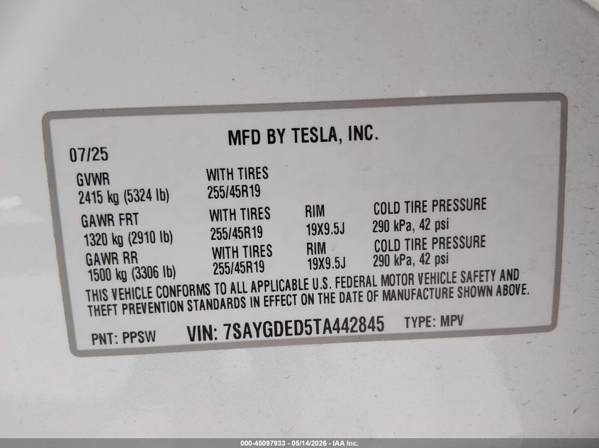 2026 Tesla Model y VIN 7SAYGDED5TA442845 IAAI salvage auction — RIGHT SIDE, Original (Texas), sold $11,900 on 2026-07-19 (photo 9)