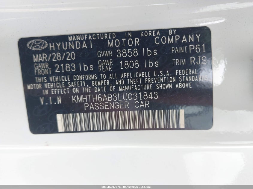 2020 Hyundai Veloster VIN KMHTH6AB3LU031843 IAAI salvage auction — REAR END, Salvage (Georgia), sold $275 on 2026-07-29 (photo 9)
