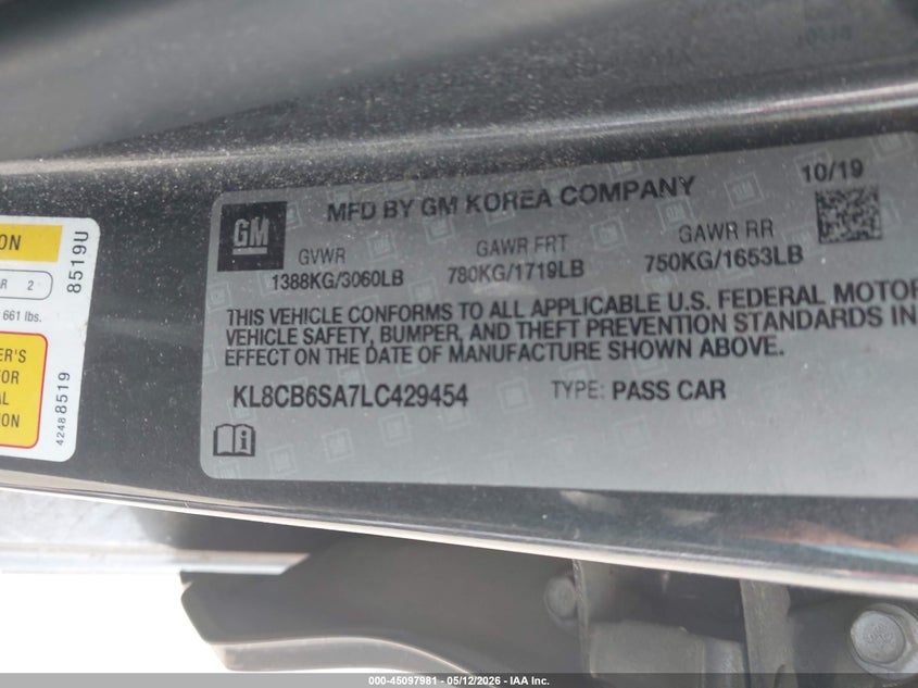 2020 Chevrolet Spark VIN KL8CB6SA7LC429454 IAAI salvage auction — FRONT & REAR, Salvage (North Carolina), sold $825 on 2026-07-08 (photo 9)
