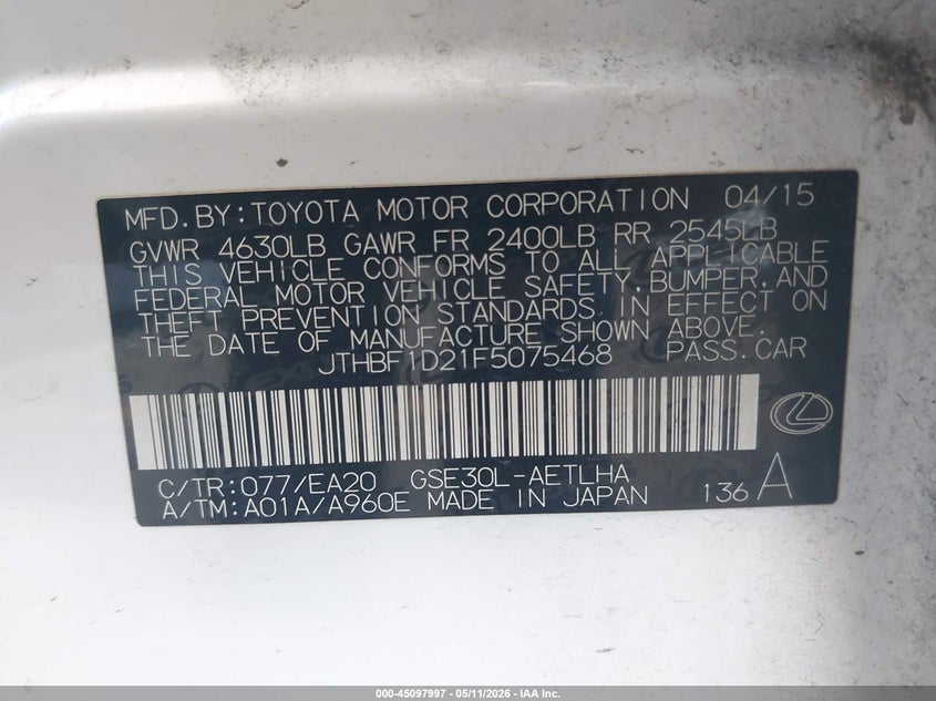2015 Lexus VIN JTHBF1D21F5075468 IAAI salvage auction — FRONT END, Salvage (California), sold $3,900 on 2026-07-24 (photo 9)