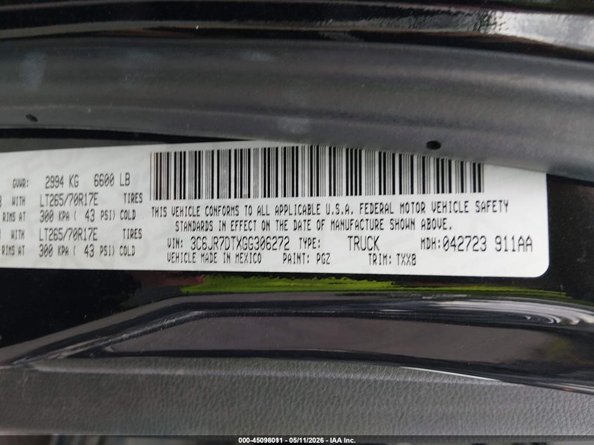 2016 Ram 1500 VIN 3C6JR7DTXGG306272 IAAI salvage auction — SIDE, Sf97 (New York), sold $3,600 on 2026-07-31 (photo 9)