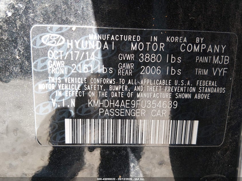 2015 Hyundai Elantra VIN KMHDH4AE9FU354639 IAAI salvage auction — FRONT END, Salvage (New Jersey), sold $475 on 2026-07-07 (photo 9)