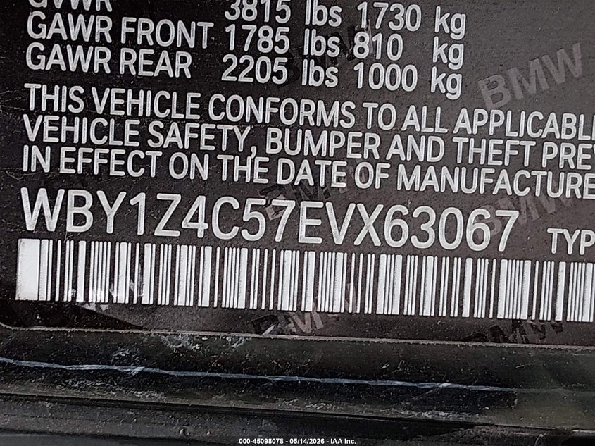 2014 BMW I3 VIN WBY1Z4C57EVX63067 IAAI salvage auction — FRONT END, Salvage (Oregon), sold $1,050 on 2026-07-27 (photo 9)