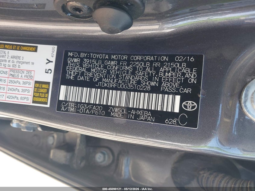 2016 Toyota Prius VIN JTDKBRFU0G3510228 IAAI salvage auction — REAR END, Salvage (Missouri), sold $25 on 2026-07-28 (photo 9)