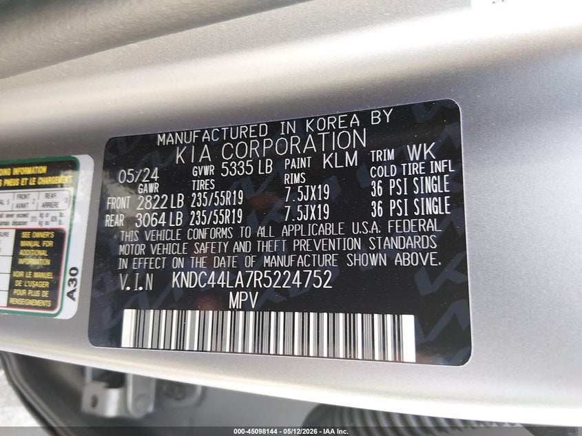 2024 Kia Ev6 VIN KNDC44LA7R5224752 IAAI salvage auction — REAR END, Original (Texas), sold $8,700 on 2026-07-30 (photo 9)