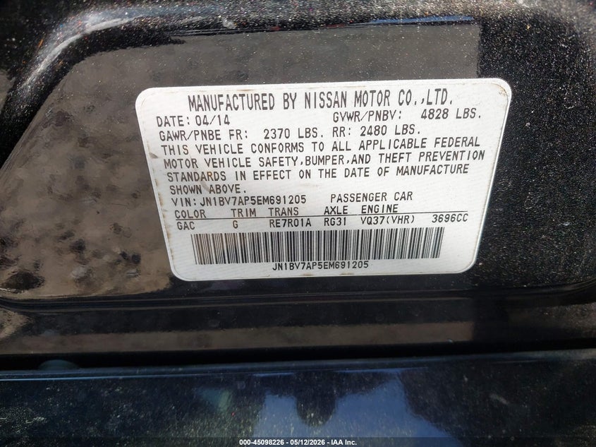2014 Infiniti Q50 VIN JN1BV7AP5EM691205 IAAI salvage auction — FRONT END, Salvage (Georgia), sold $825 on 2026-07-29 (photo 9)