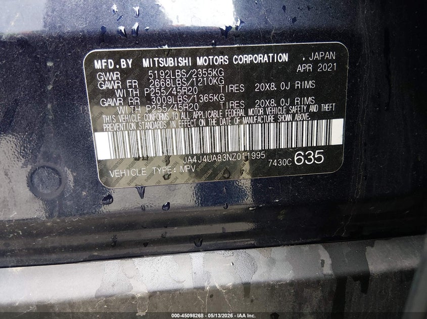 2022 Mitsubishi Outlander VIN JA4J4UA83NZ011995 IAAI salvage auction — HAIL, Salvage Title, sold $7,500 on 2026-07-22 (photo 9)
