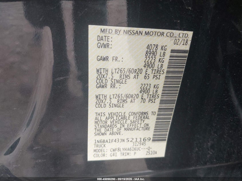 2018 Nissan TITAN VIN 1N6BA1F43JN521169 IAAI salvage auction — HAIL, Clear (Missouri), sold $15,150 on 2026-07-20 (photo 9)
